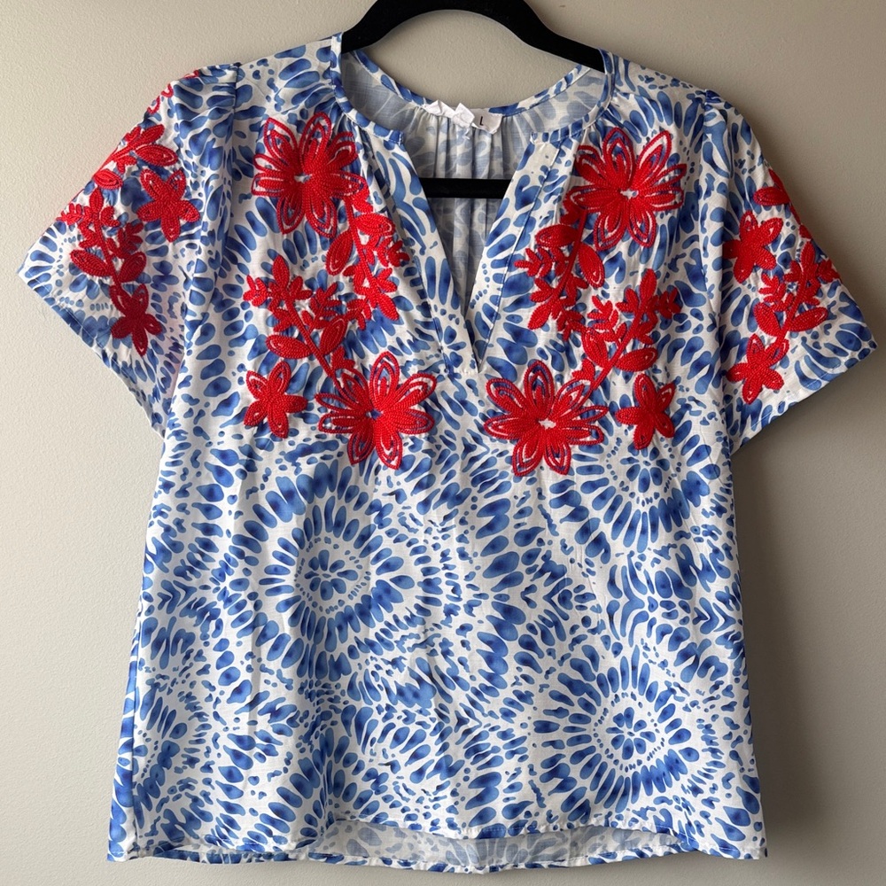THML Red Floral Embroidered Blue Blouse size small S